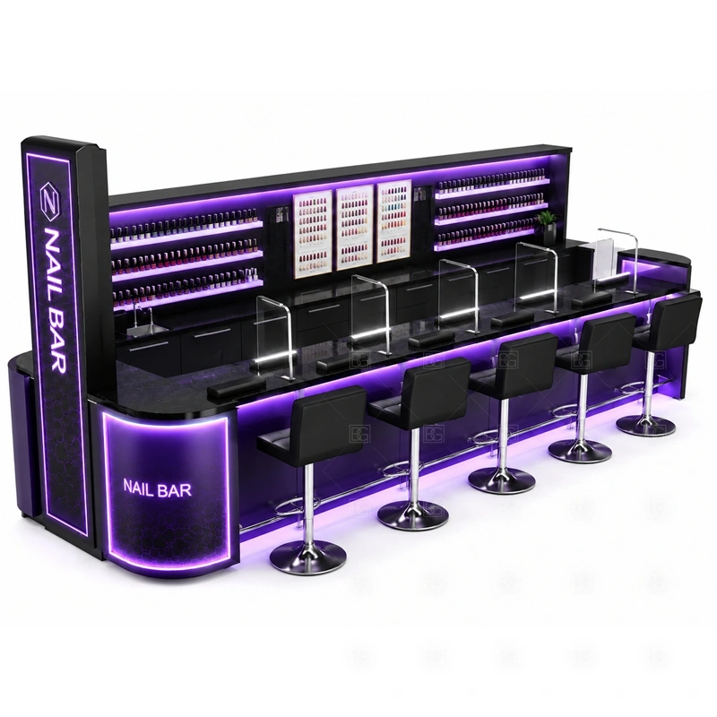Modern Nail Bar Station Manufacturer layout showing modern nail bar station layout with a long service counter and technician access shown in the modern nail bar station manufacturer product photos, with center-court traffic where customers may approach from more than one direction