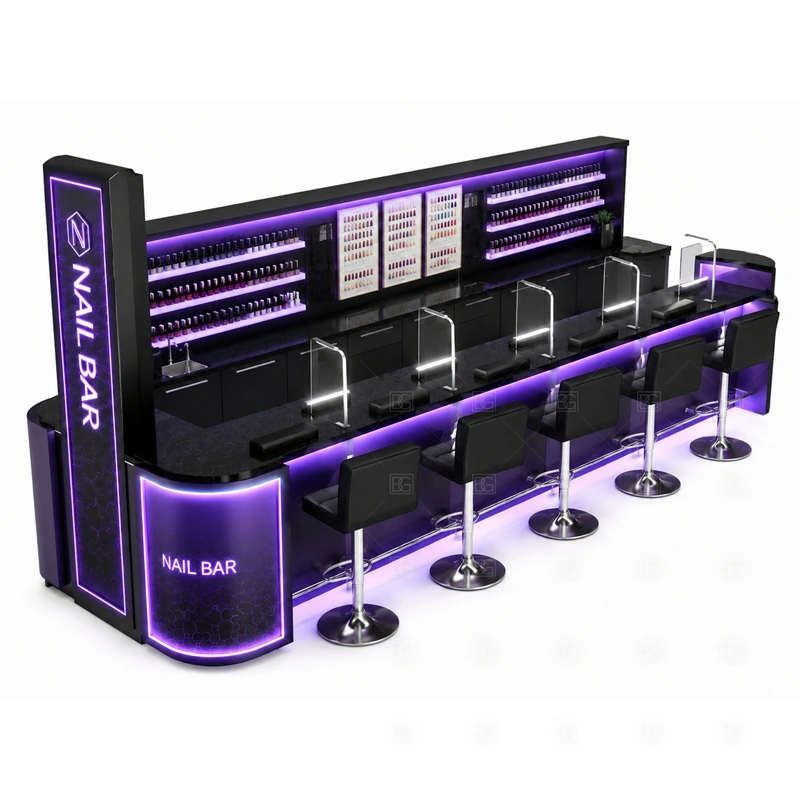 Modern Nail Bar Station Manufacturer display detail for linear polish display, illuminated back panels, and organized retail shelving planned for nail polish, retail beauty products, manicure tools, and customer-facing display