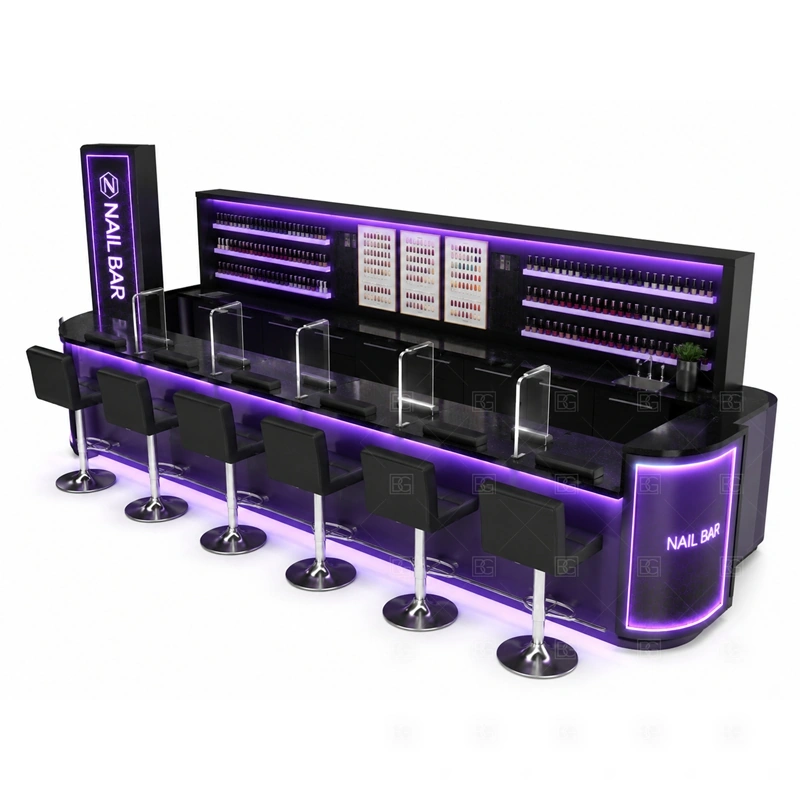 Modern Nail Bar Station Manufacturer branding detail for bold LED signage and modern illuminated front panels coordinated with salon color, front panels, light boxes, and mall-facing graphics