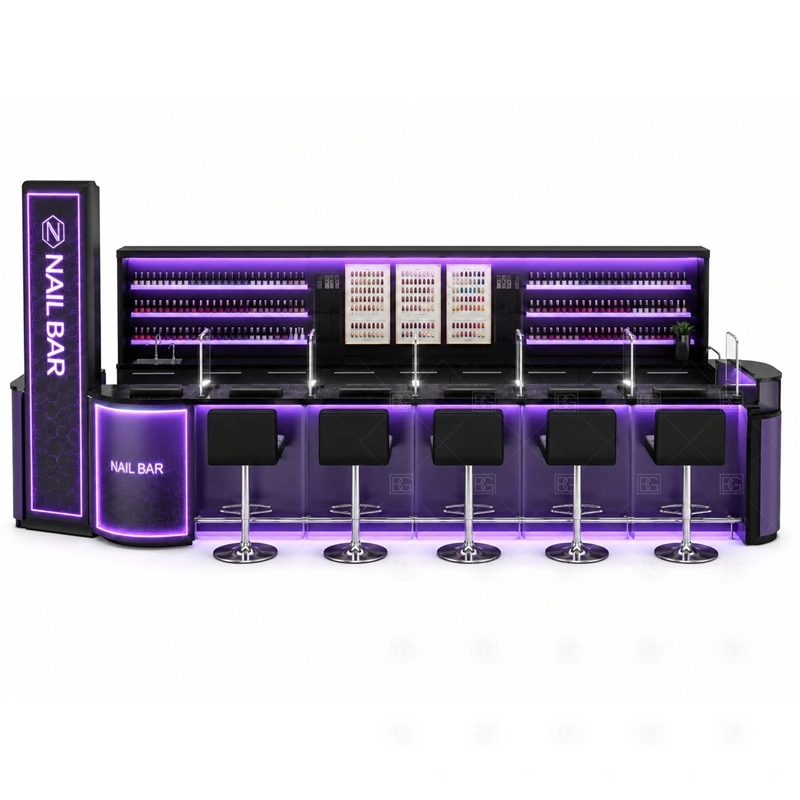 Modern Nail Bar Station Manufacturer storage detail for tool drawers, towel storage, polish stock, service supply cabinets, cable access, and cleaning space planned for modern nail bar station manufacturer