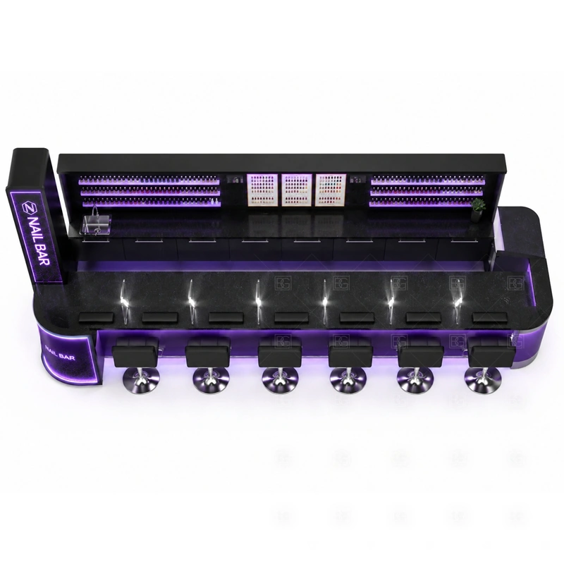 Modern Nail Bar Station Manufacturer buyer planning detail for Modern Nail Bar Station Manufacturer target size, technician seat count, manicure counter length, polish shelf quantity, logo sign size, lighting color, mall rules, destination country