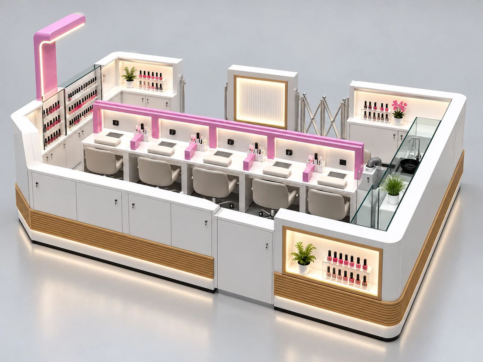 Modern White Manicure Kiosk with Integrated Dust Extraction opposite angle showing the complete layout