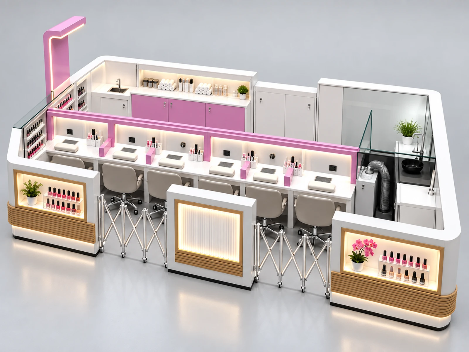 Modern White Manicure Kiosk with Integrated Dust Extraction staff-side equipment, utilities, and storage view
