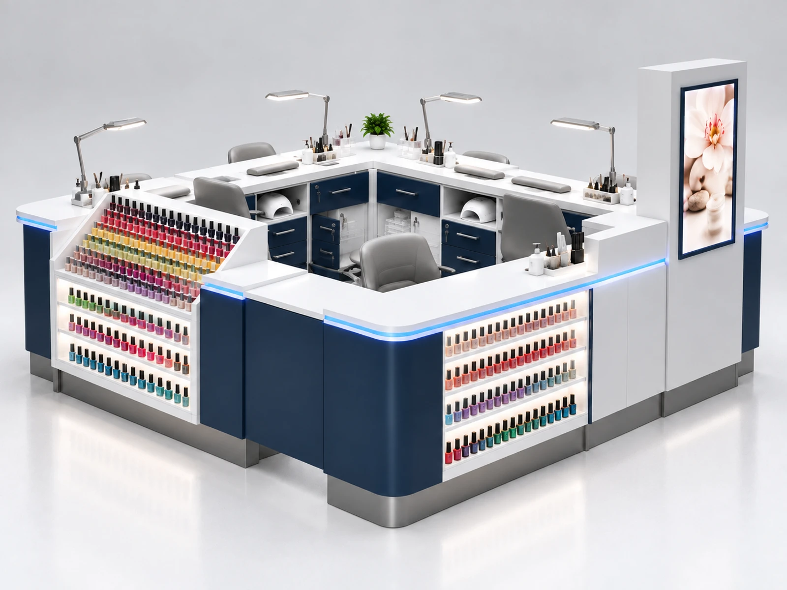 Modular Nail Bar Kiosk with Expandable Workstations opposite angle showing the complete layout