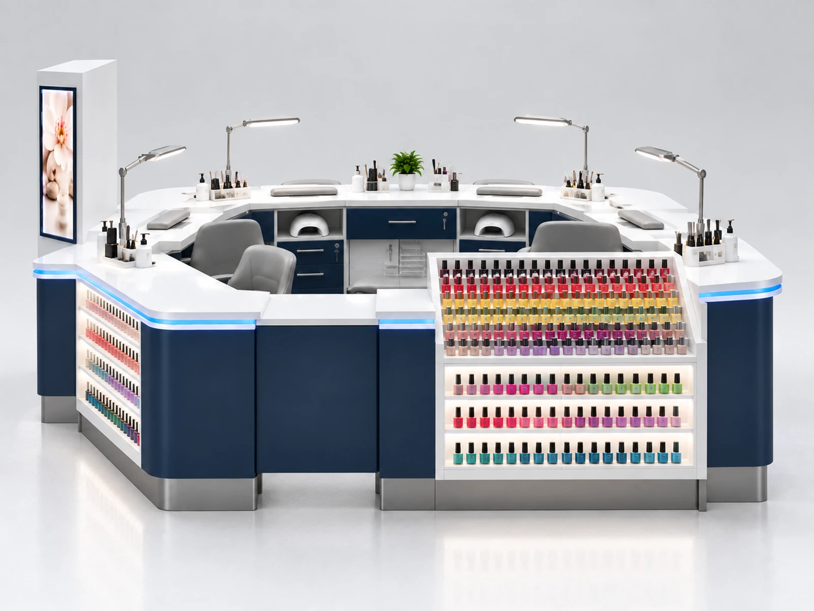 Modular Nail Bar Kiosk with Expandable Workstations customer-facing service and display detail