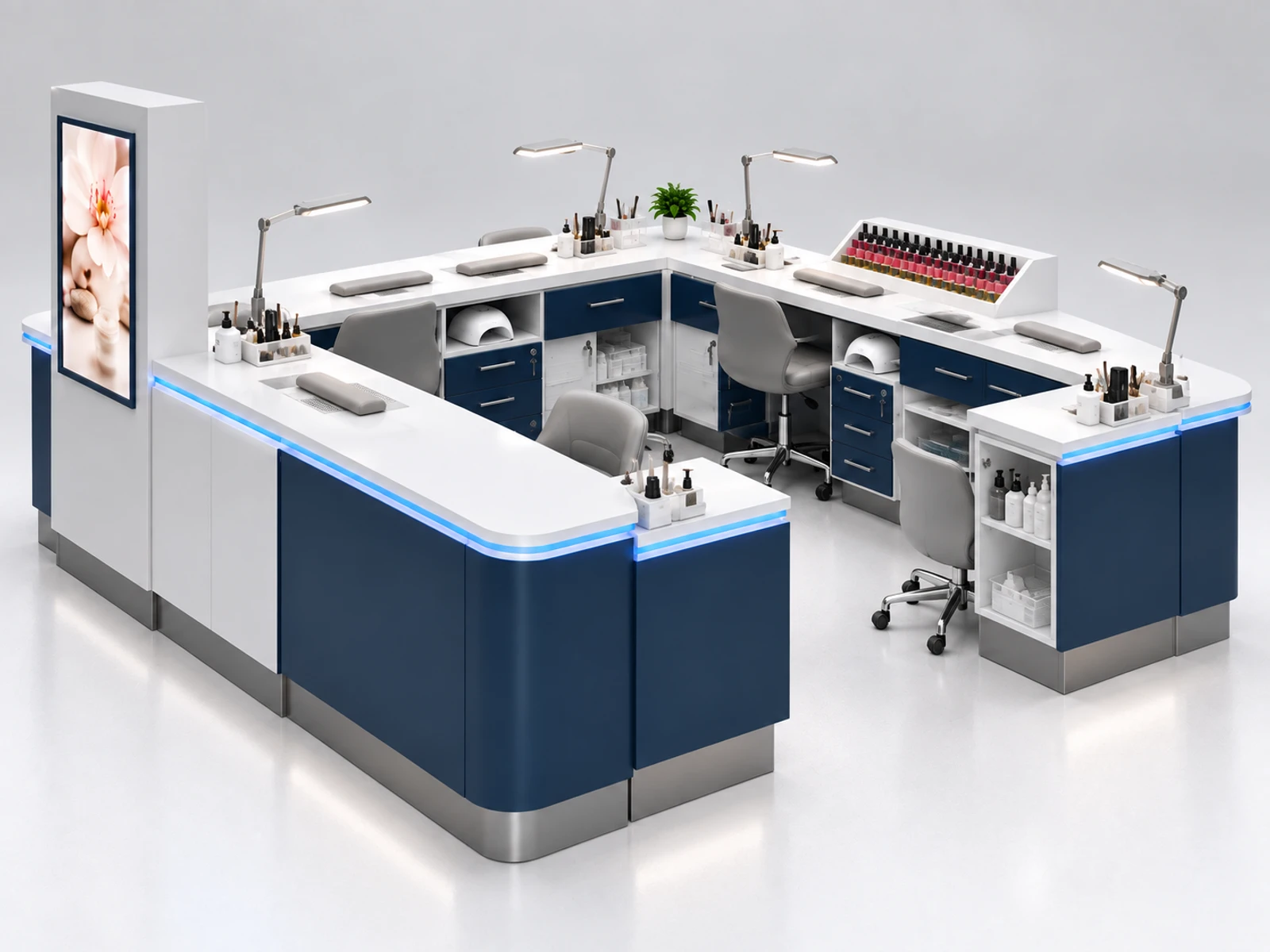 Modular Nail Bar Kiosk with Expandable Workstations staff-side equipment, utilities, and storage view
