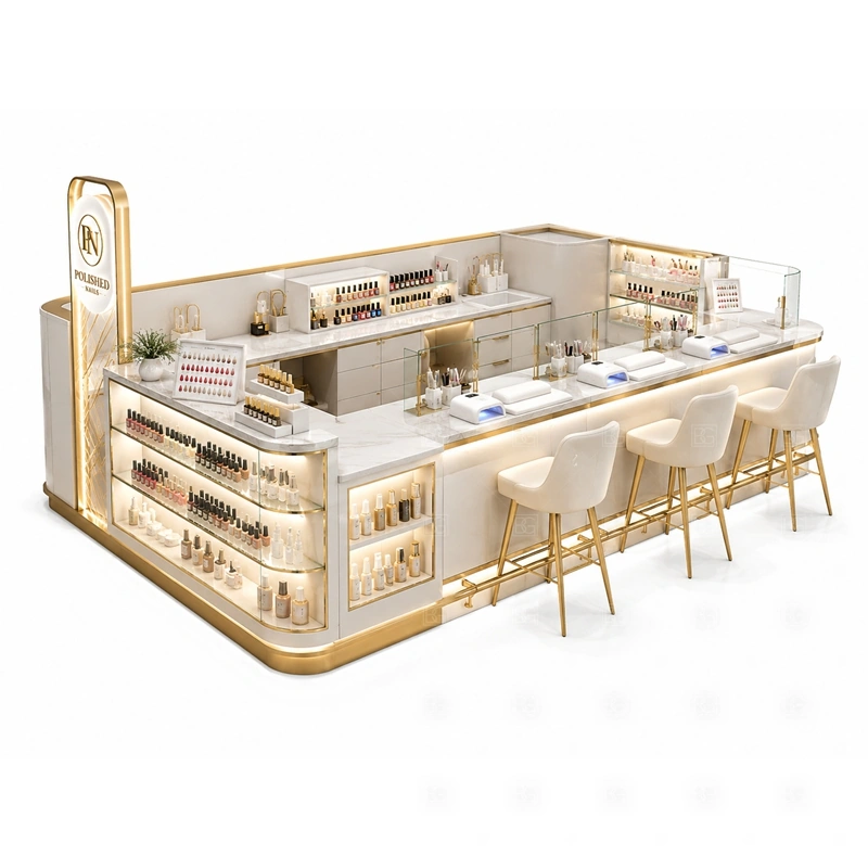 Multi Seat Manicure Kiosk for Sale with a long multi-seat layout for higher service capacity shown in the multi seat manicure kiosk for sale product photos for mall nail salon service