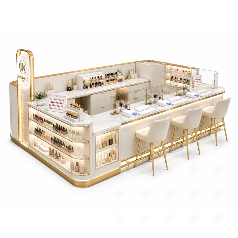 Multi Seat Manicure Kiosk for Sale layout showing multi-seat manicure kiosk layout with extended counters and multiple customer chairs shown in the multi seat manicure kiosk for sale product photos, with compact lease areas where storage and customer flow must be planned carefully