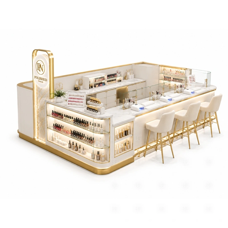 Multi Seat Manicure Kiosk for Sale display detail for long polish display shelves, glass counters, and retail storage areas planned for nail polish, retail beauty products, manicure tools, and customer-facing display