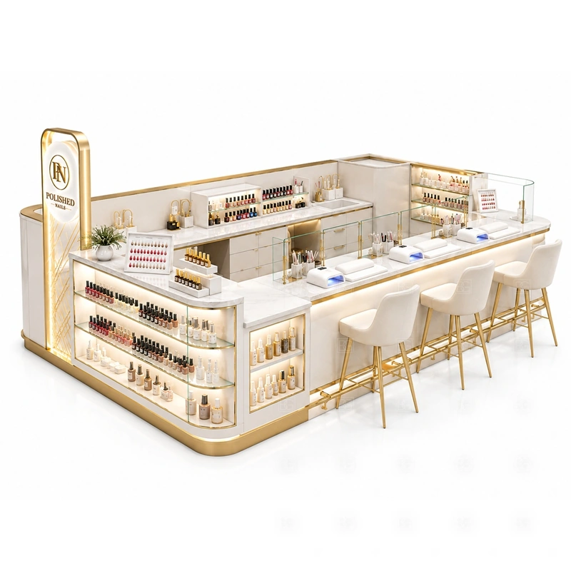 Multi Seat Manicure Kiosk for Sale branding detail for tall logo sign and coordinated LED display lighting coordinated with salon color, front panels, light boxes, and mall-facing graphics