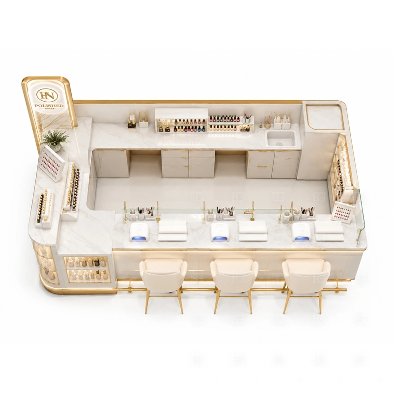 Multi Seat Manicure Kiosk for Sale buyer planning detail for Multi Seat Manicure Kiosk for Sale target size, technician seat count, manicure counter length, polish shelf quantity, logo sign size, lighting color, mall rules, destination country