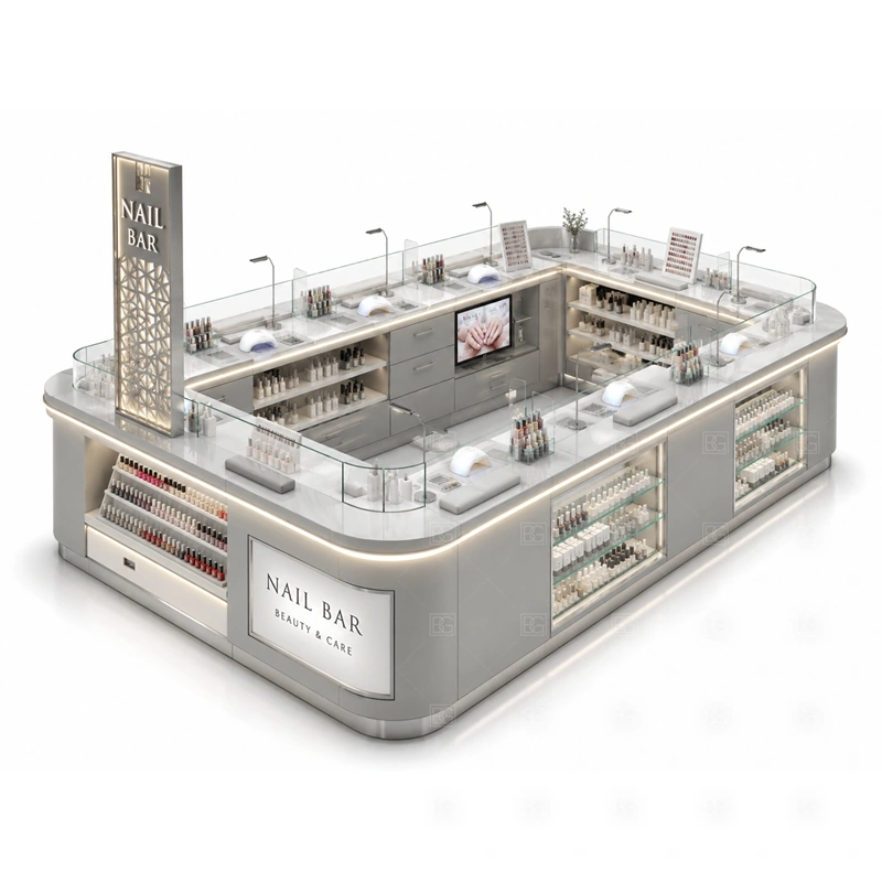 Open Layout Nail Salon Kiosk with a large open counter layout for several nail technicians shown in the open layout nail salon kiosk product photos for mall nail salon service