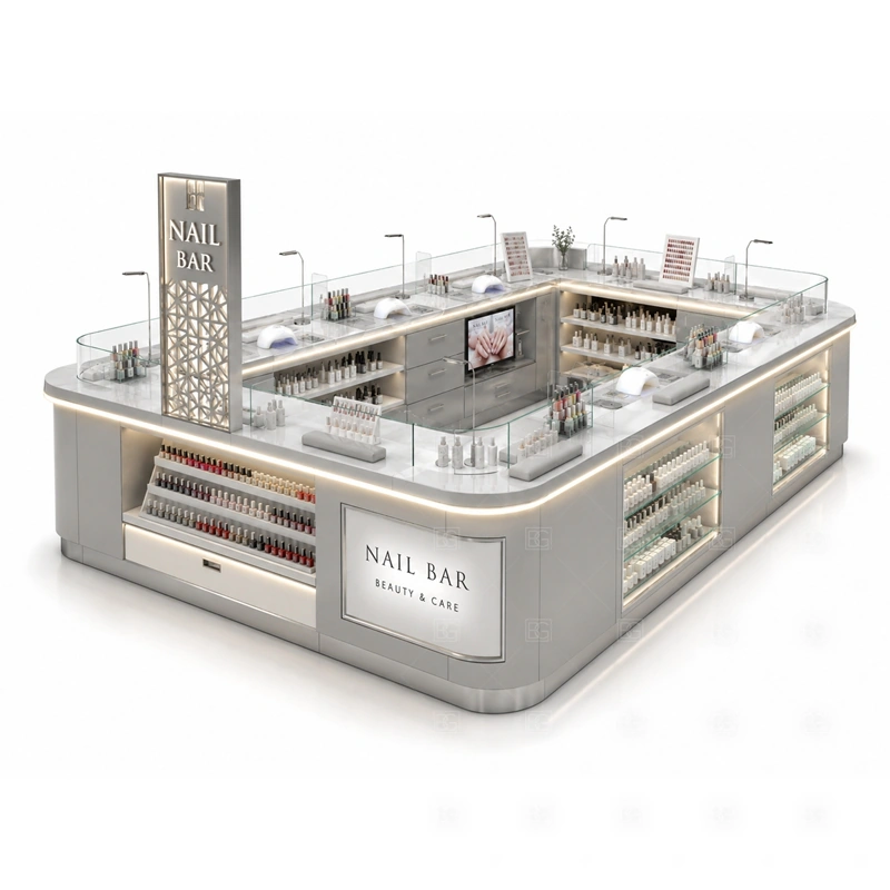 Open Layout Nail Salon Kiosk layout showing open layout nail salon kiosk with multiple counters and easy customer access shown in the open layout nail salon kiosk product photos, with front-facing mall traffic with a clear customer approach and staff side behind the counter