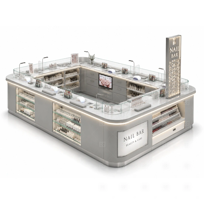 Open Layout Nail Salon Kiosk branding detail for open-format logo signs and integrated LED lighting coordinated with salon color, front panels, light boxes, and mall-facing graphics