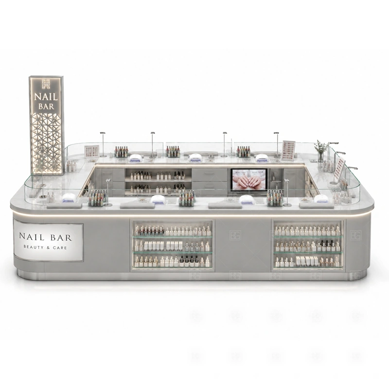 Open Layout Nail Salon Kiosk storage detail for tool drawers, towel storage, polish stock, service supply cabinets, cable access, and cleaning space planned for open layout nail salon kiosk