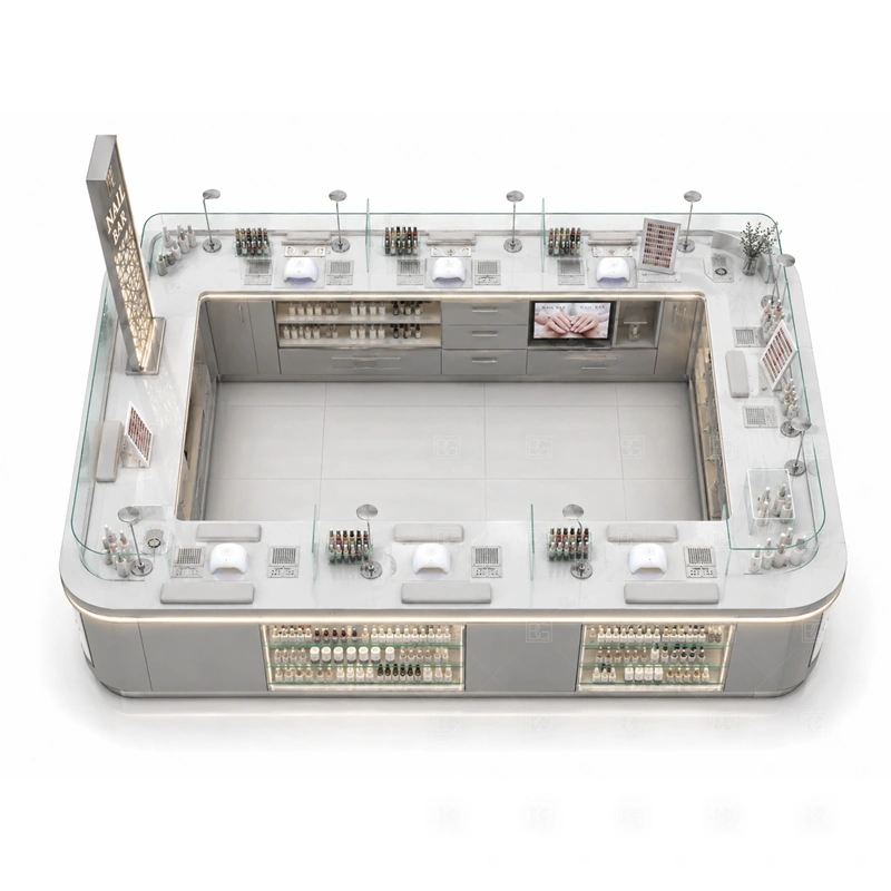 Open Layout Nail Salon Kiosk buyer planning detail for Open Layout Nail Salon Kiosk target size, technician seat count, manicure counter length, polish shelf quantity, logo sign size, lighting color, mall rules, destination country