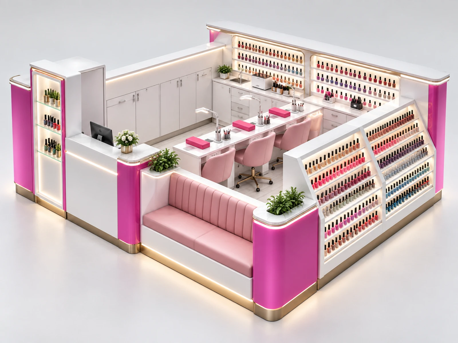 Open Nail Salon Kiosk with Customer Waiting Bench main three-quarter product view