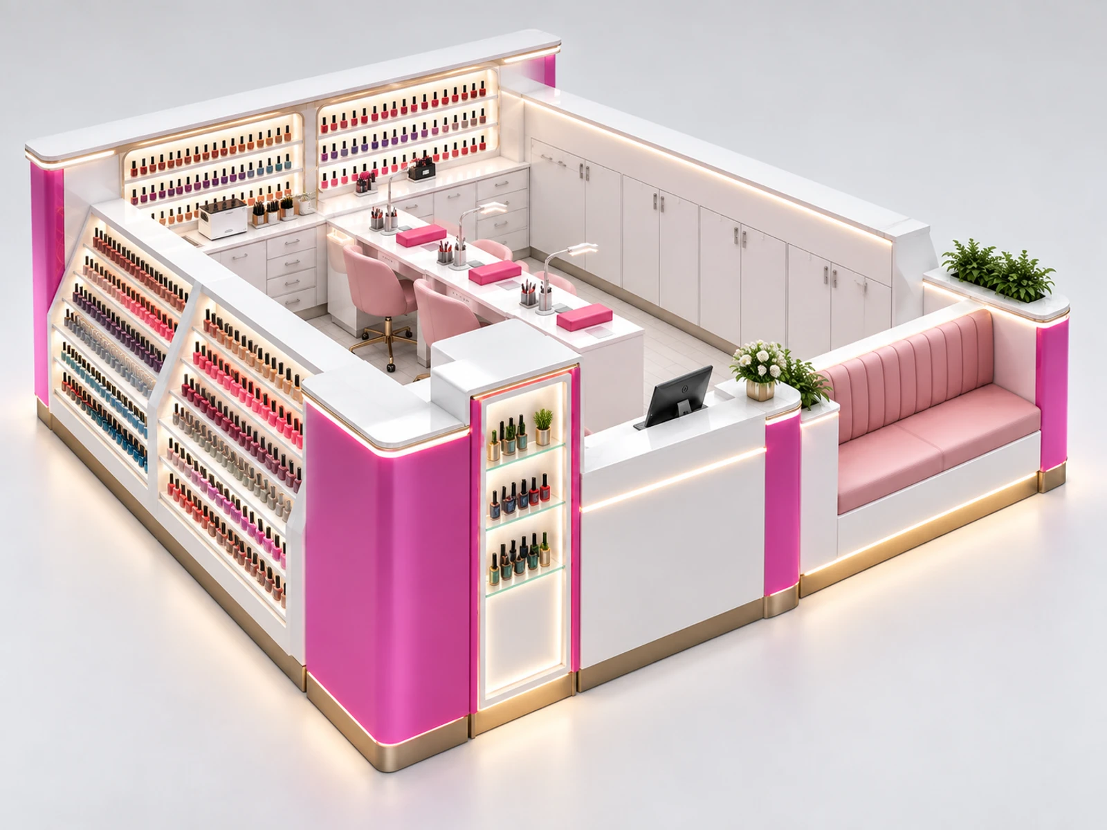 Open Nail Salon Kiosk with Customer Waiting Bench opposite angle showing the complete layout