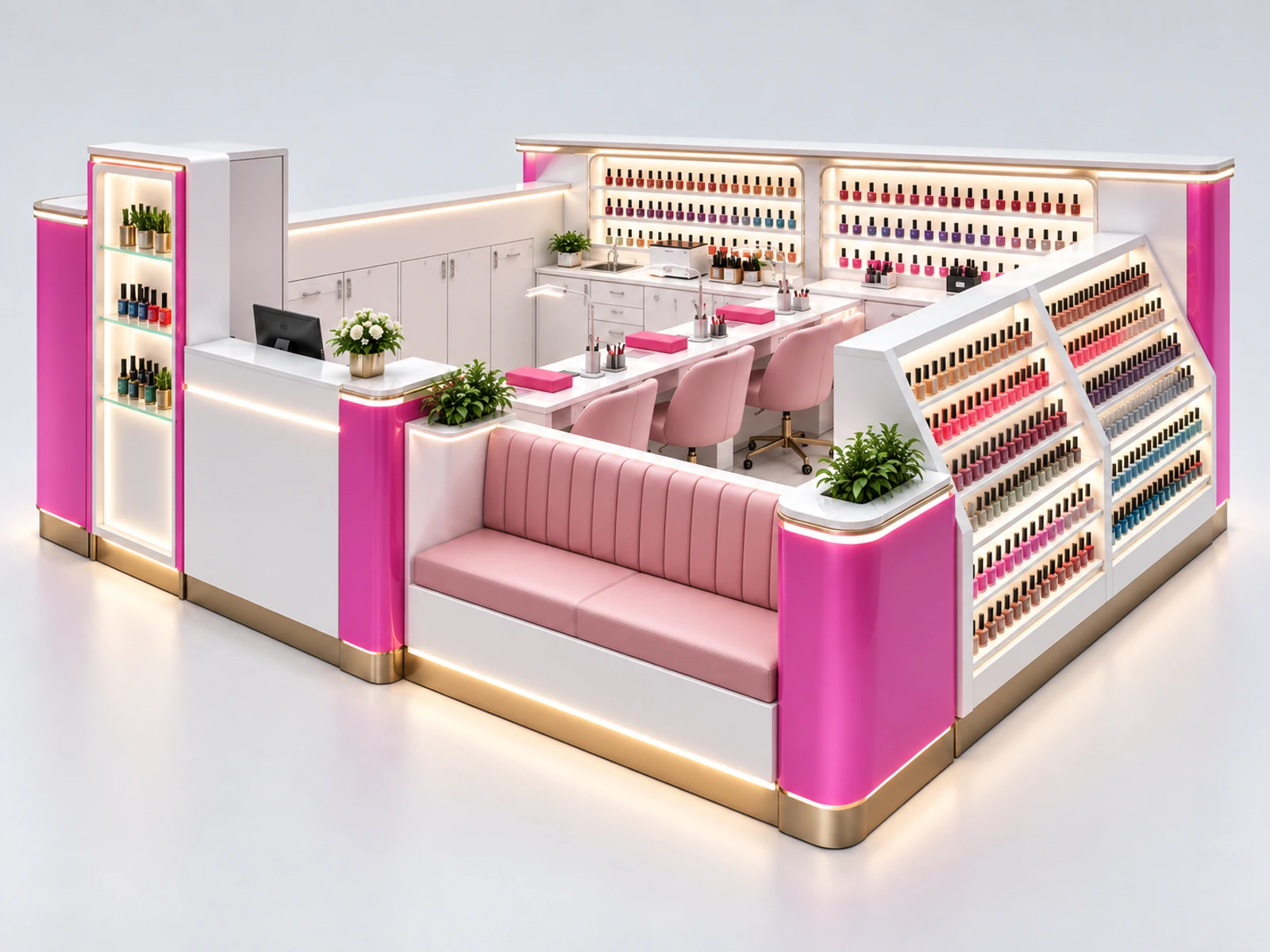 Open Nail Salon Kiosk with Customer Waiting Bench customer-facing service and display detail