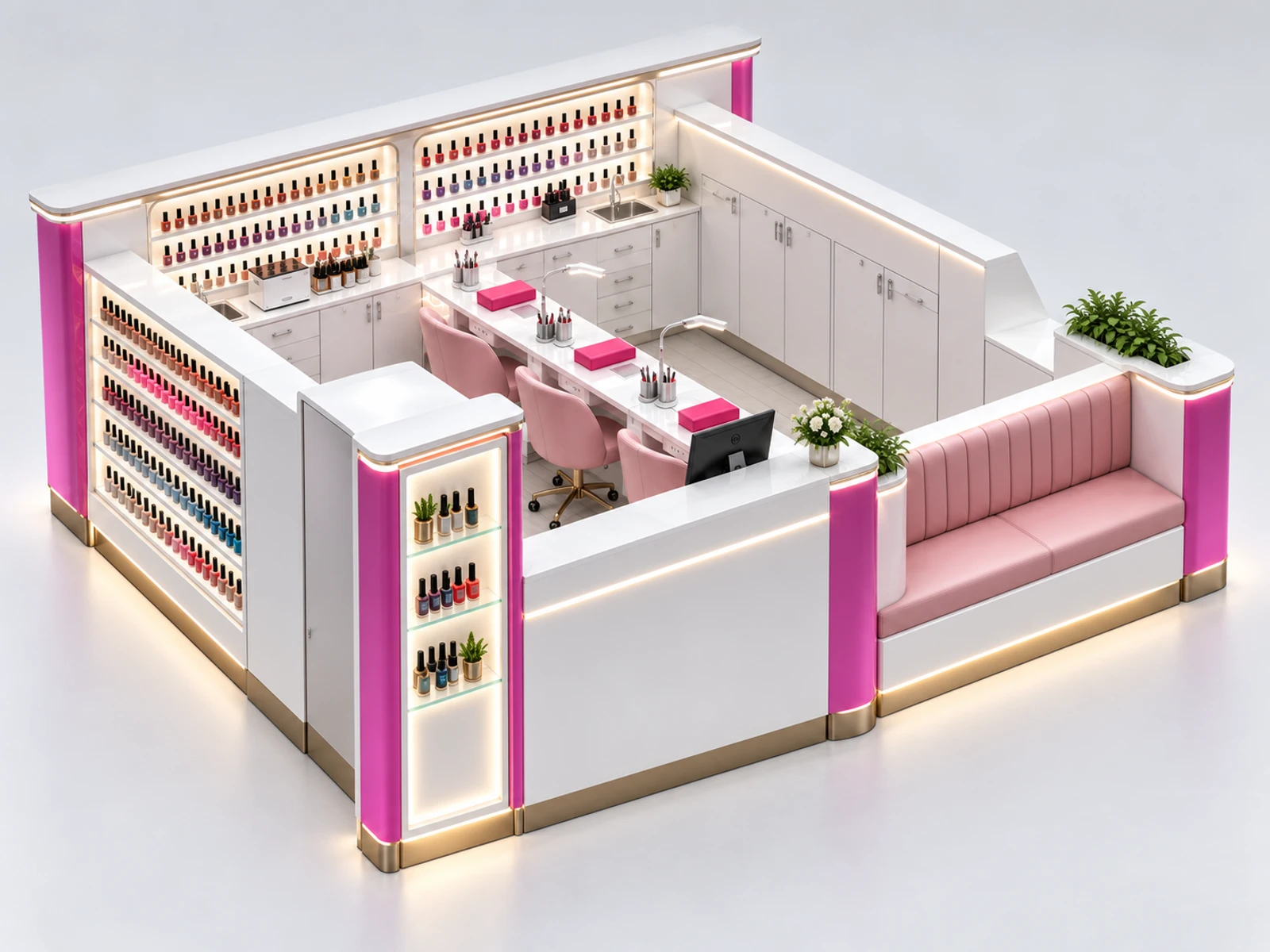 Open Nail Salon Kiosk with Customer Waiting Bench staff-side equipment, utilities, and storage view