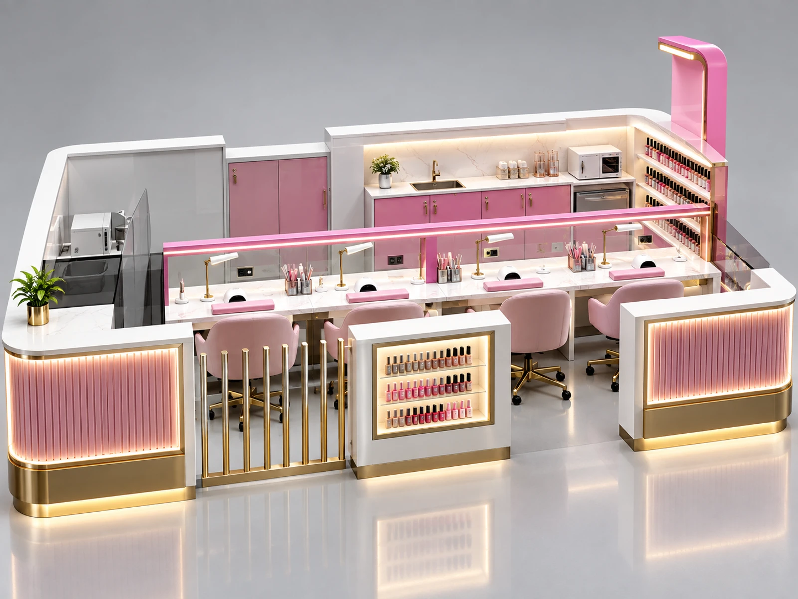 Pink Gold Nail Kiosk with Polish Display Wall main three-quarter product view
