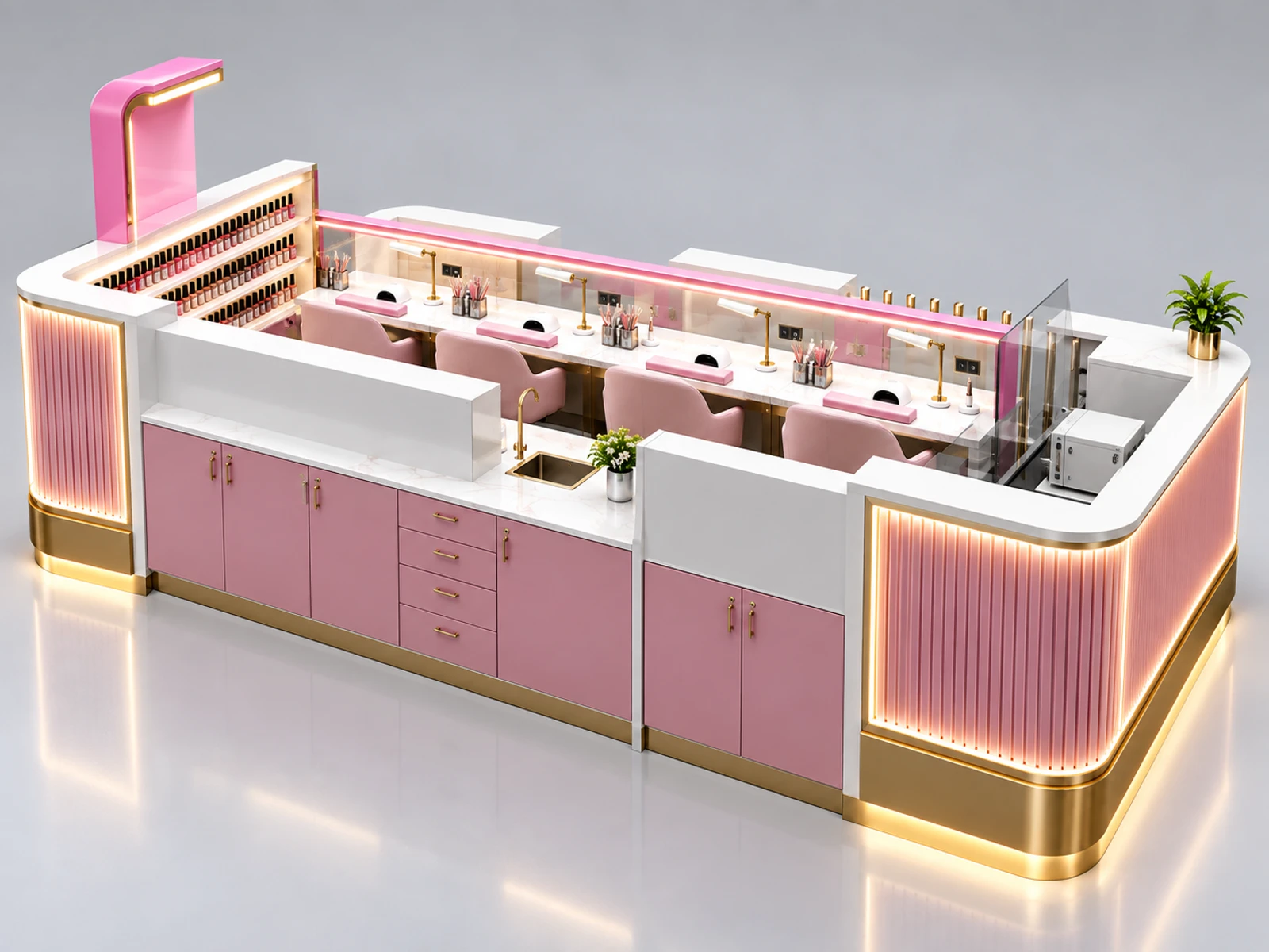 Pink Gold Nail Kiosk with Polish Display Wall opposite angle showing the complete layout