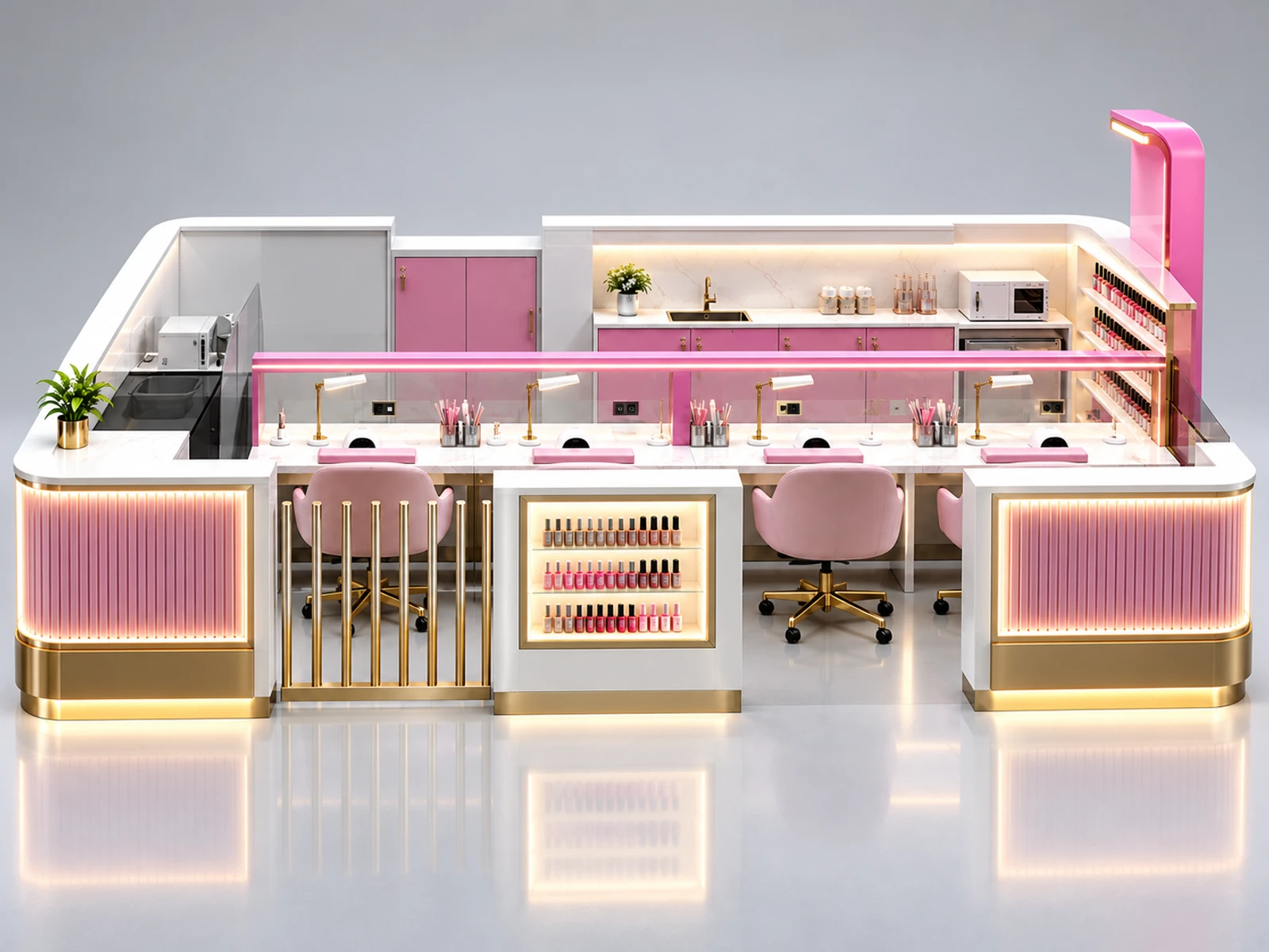 Pink Gold Nail Kiosk with Polish Display Wall customer-facing service and display detail
