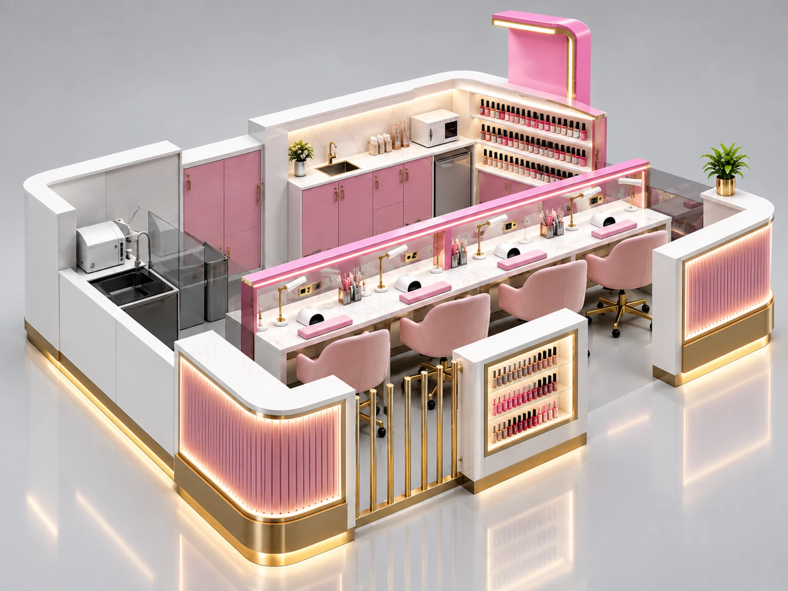 Pink Gold Nail Kiosk with Polish Display Wall staff-side equipment, utilities, and storage view