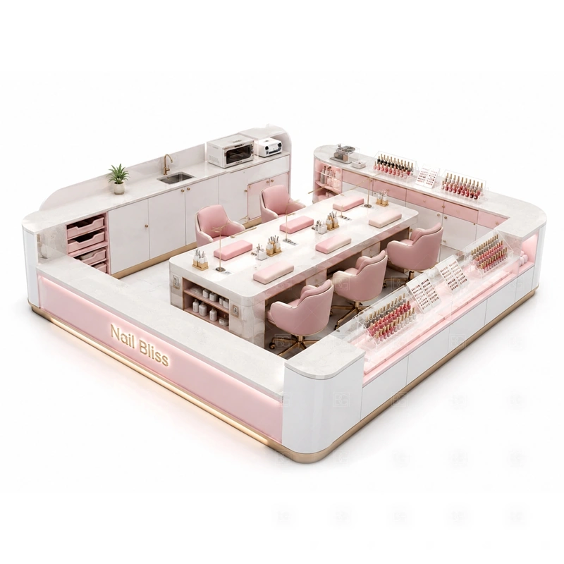 Pink Nail Bar Kiosk for Shopping Mall with a soft pink retail look with multiple customer seating areas shown in the pink nail bar kiosk for shopping mall product photos for mall nail salon service