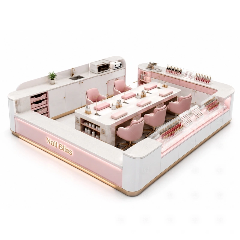 Pink Nail Bar Kiosk for Shopping Mall layout showing pink nail bar kiosk layout with rounded counters and seating for mall manicure service shown in the pink nail bar kiosk for shopping mall product photos, with brand-led retail locations where signage and product visibility need to work together