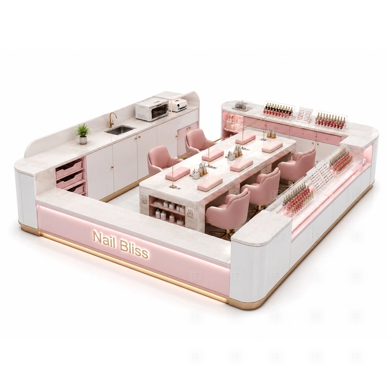 Pink Nail Bar Kiosk for Shopping Mall display detail for pink display counters, polish shelving, and beauty retail surfaces planned for nail polish, retail beauty products, manicure tools, and customer-facing display