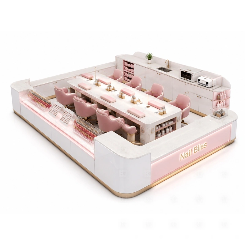 Pink Nail Bar Kiosk for Shopping Mall branding detail for pink brand panels with matching LED logo lighting coordinated with salon color, front panels, light boxes, and mall-facing graphics