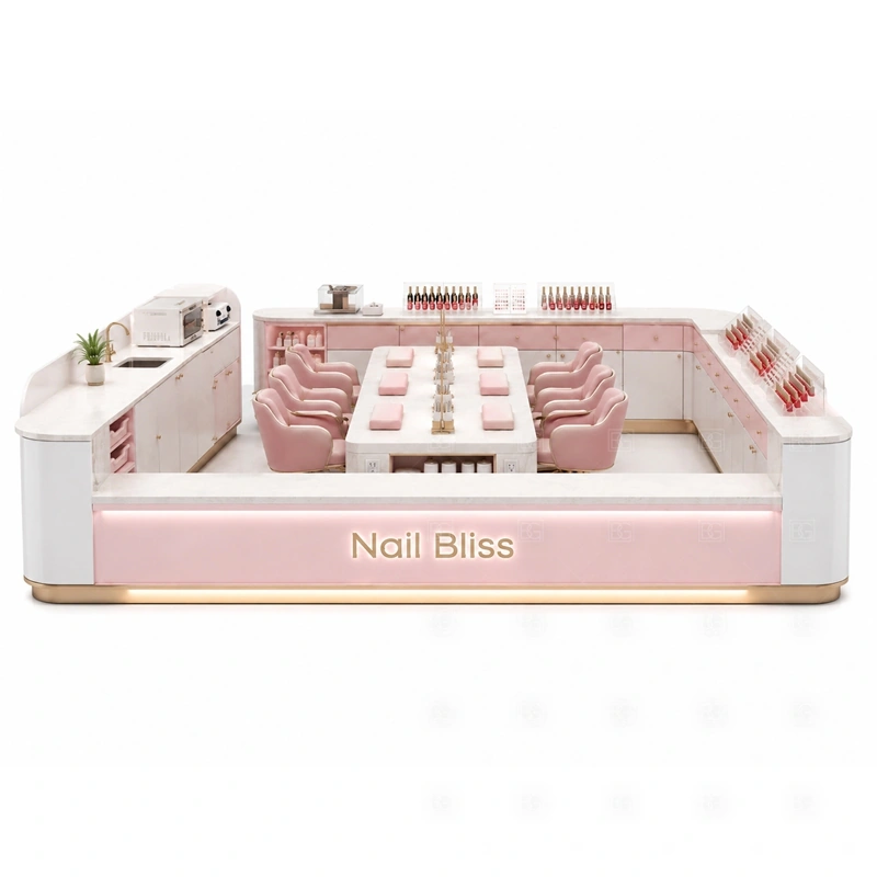 Pink Nail Bar Kiosk for Shopping Mall storage detail for tool drawers, towel storage, polish stock, service supply cabinets, cable access, and cleaning space planned for pink nail bar kiosk for shopping mall