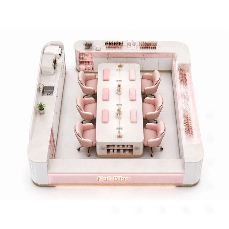 Pink Nail Bar Kiosk for Shopping Mall buyer planning detail for Pink Nail Bar Kiosk for Shopping Mall target size, technician seat count, manicure counter length, polish shelf quantity, logo sign size, lighting color, mall rules, destination country
