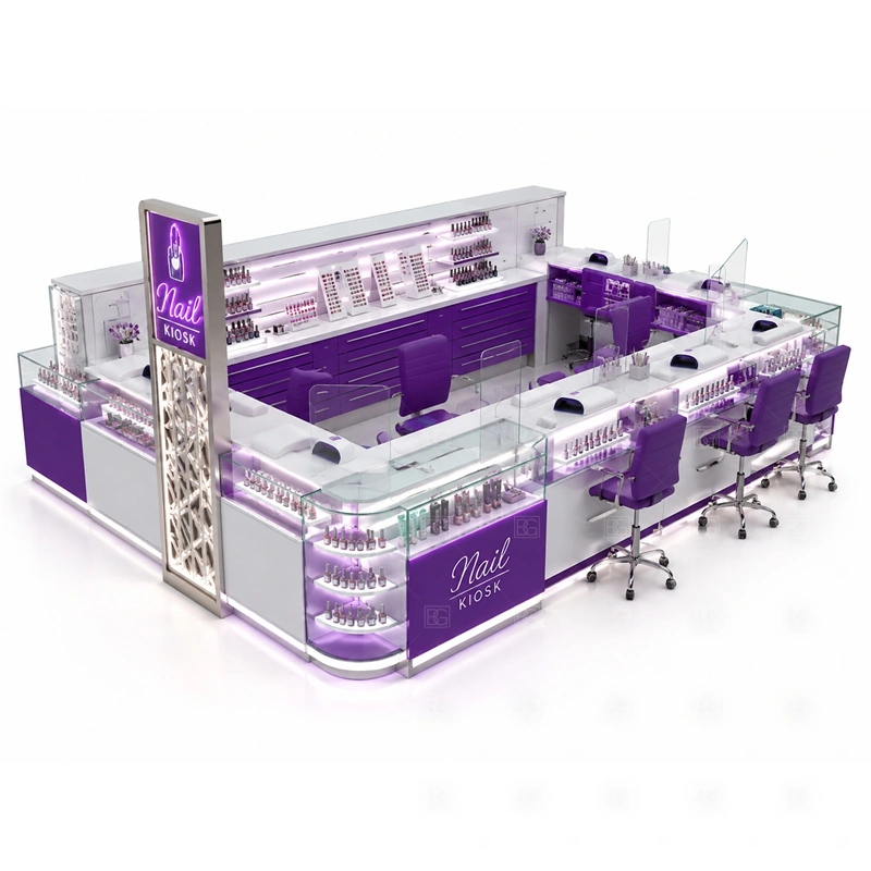 Purple LED Nail Bar Kiosk Design with a colorful LED-focused design with strong visual attraction shown in the purple led nail bar kiosk design product photos for mall nail salon service