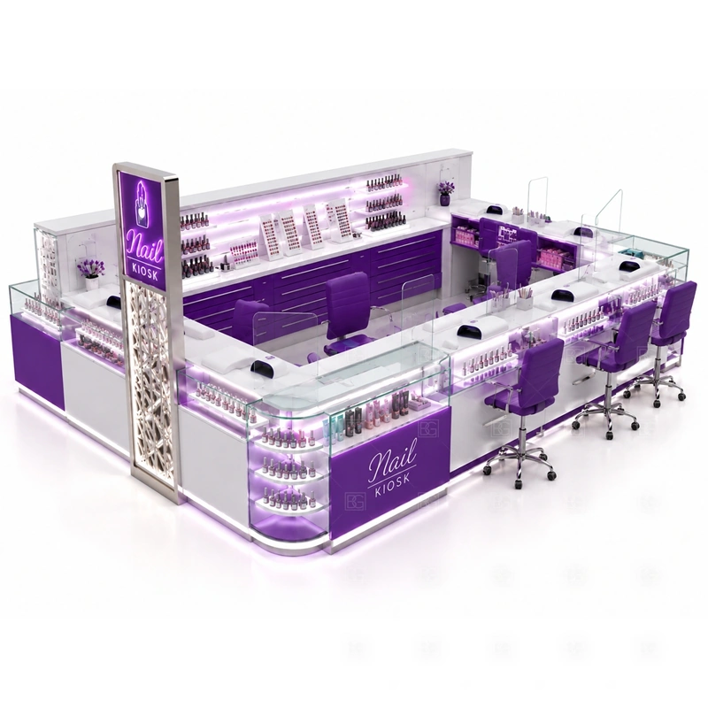Purple LED Nail Bar Kiosk Design layout showing purple LED nail bar kiosk layout with curved counters and service seating shown in the purple led nail bar kiosk design product photos, with brand-led retail locations where signage and product visibility need to work together