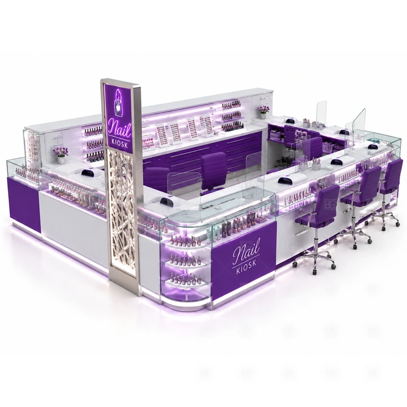 Purple LED Nail Bar Kiosk Design display detail for purple-lit polish displays, service counters, and beauty retail shelving planned for nail polish, retail beauty products, manicure tools, and customer-facing display