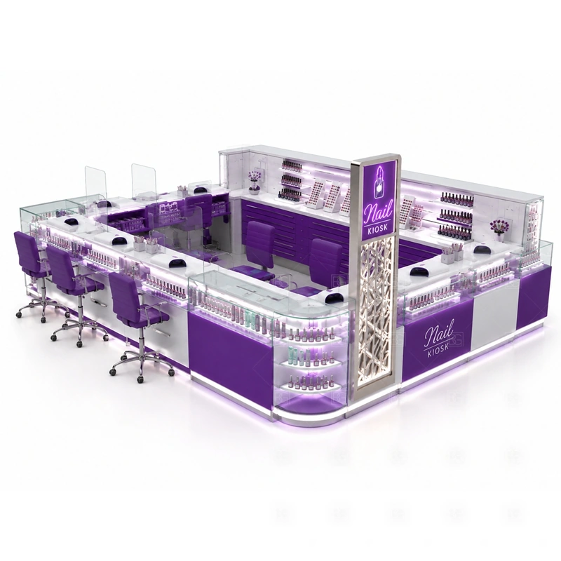 Purple LED Nail Bar Kiosk Design branding detail for purple LED logo lighting and illuminated decorative panels coordinated with salon color, front panels, light boxes, and mall-facing graphics