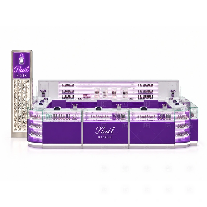 Purple LED Nail Bar Kiosk Design storage detail for tool drawers, towel storage, polish stock, service supply cabinets, cable access, and cleaning space planned for purple led nail bar kiosk design