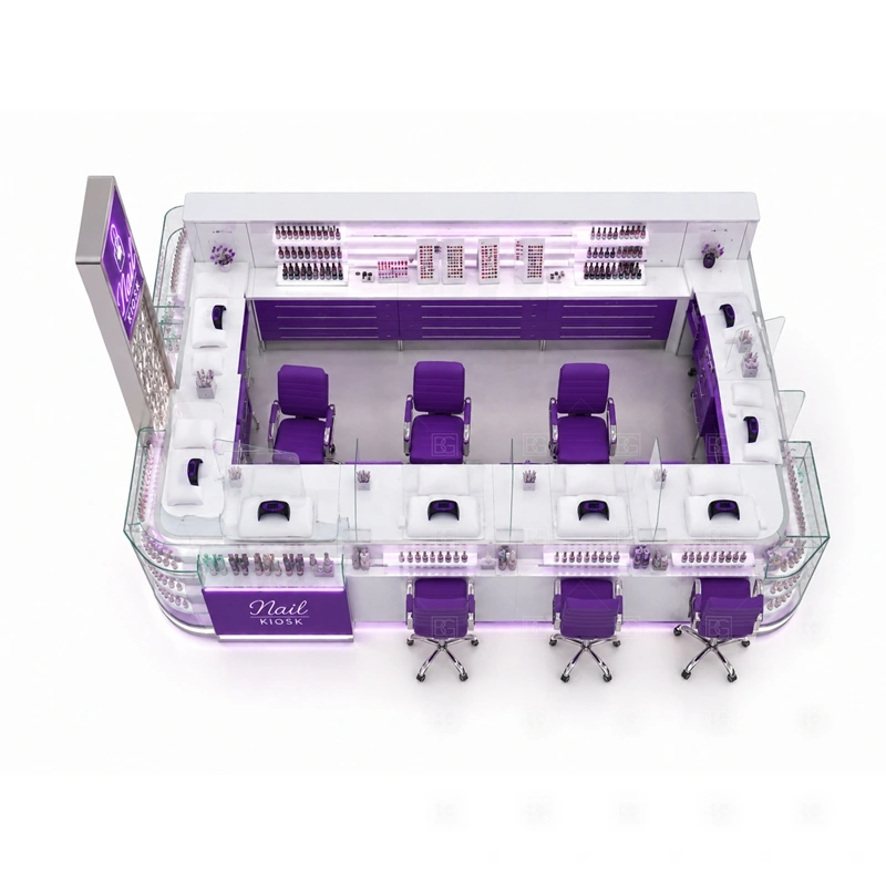 Purple LED Nail Bar Kiosk Design buyer planning detail for Purple LED Nail Bar Kiosk Design target size, technician seat count, manicure counter length, polish shelf quantity, logo sign size, lighting color, mall rules, destination country