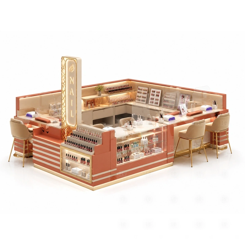 Retail Nail Polish Kiosk Manufacturer with a retail display-heavy kiosk for nail polish and manicure service shown in the retail nail polish kiosk manufacturer product photos for mall nail salon service