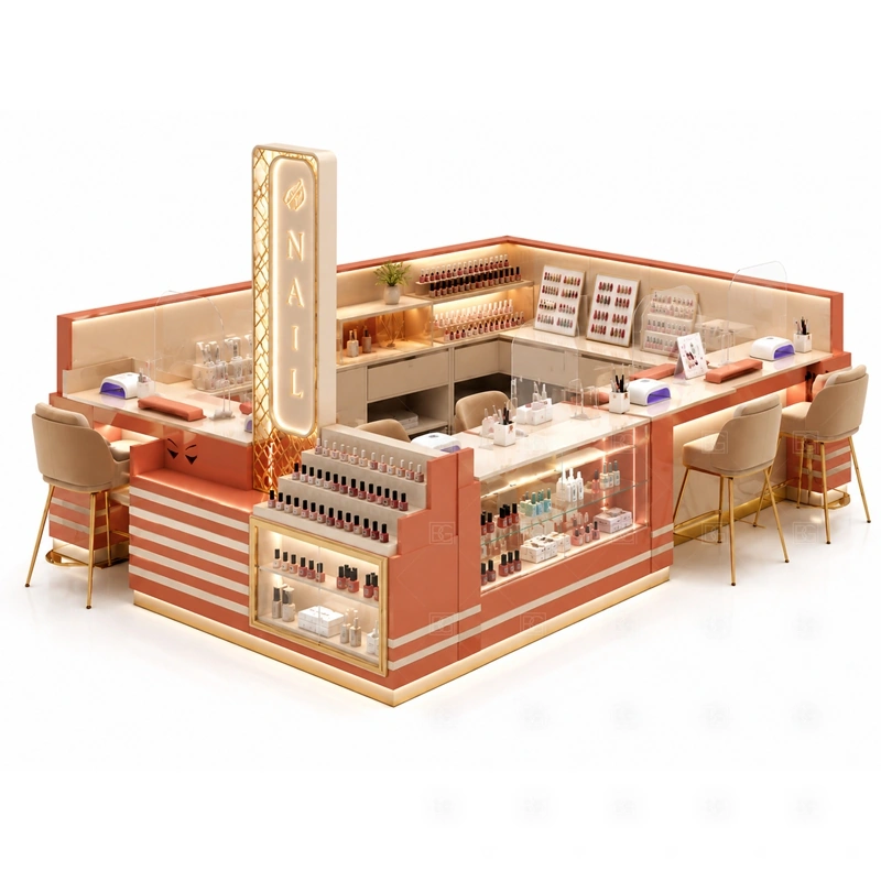 Retail Nail Polish Kiosk Manufacturer layout showing retail nail polish kiosk layout with display walls, counters, and service seating shown in the retail nail polish kiosk manufacturer product photos, with center-court traffic where customers may approach from more than one direction