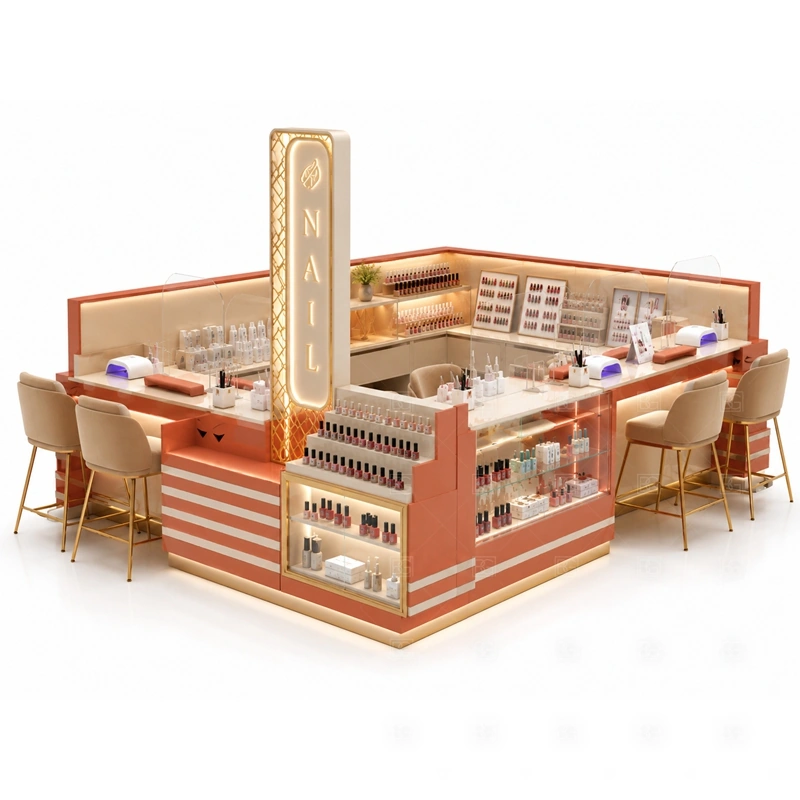 Retail Nail Polish Kiosk Manufacturer display detail for nail polish shelves, product display counters, and front retail panels planned for nail polish, retail beauty products, manicure tools, and customer-facing display