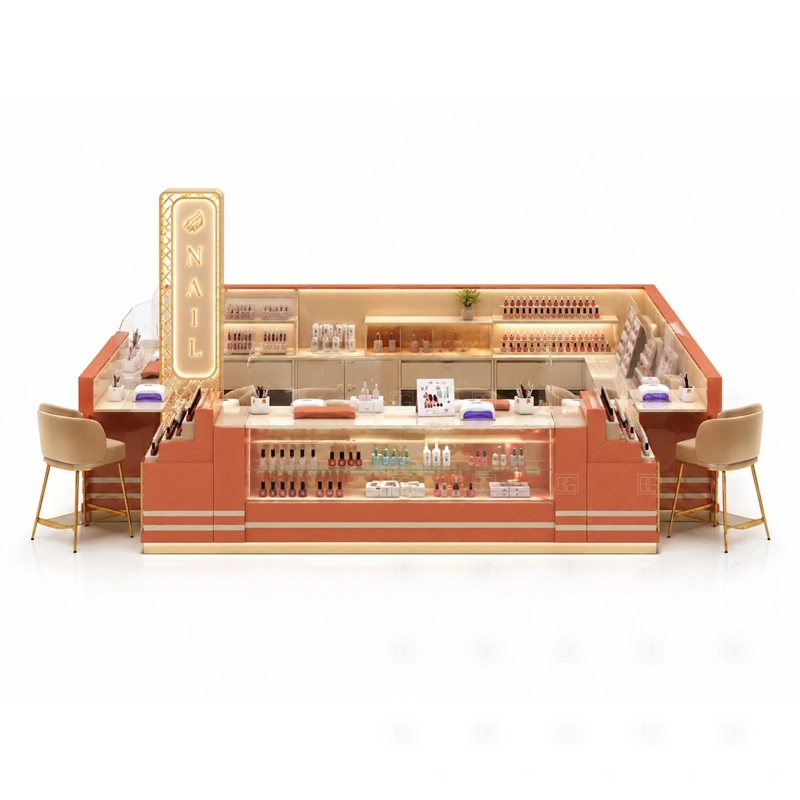 Retail Nail Polish Kiosk Manufacturer storage detail for tool drawers, towel storage, polish stock, service supply cabinets, cable access, and cleaning space planned for retail nail polish kiosk manufacturer