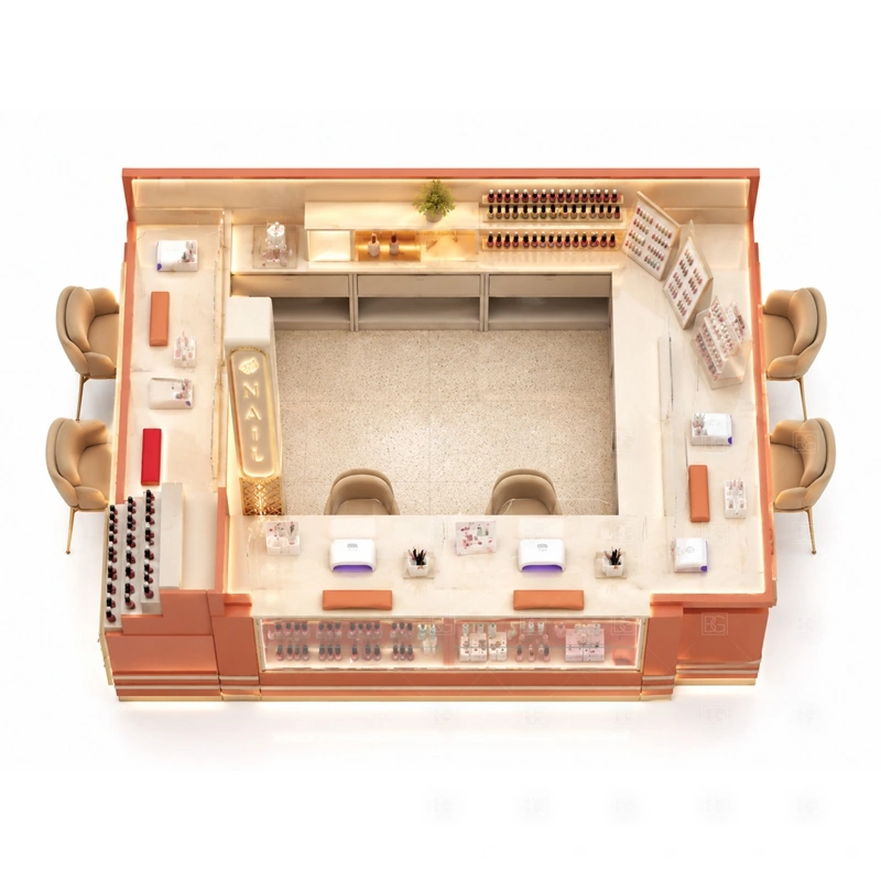 Retail Nail Polish Kiosk Manufacturer buyer planning detail for Retail Nail Polish Kiosk Manufacturer target size, technician seat count, manicure counter length, polish shelf quantity, logo sign size, lighting color, mall rules, destination country