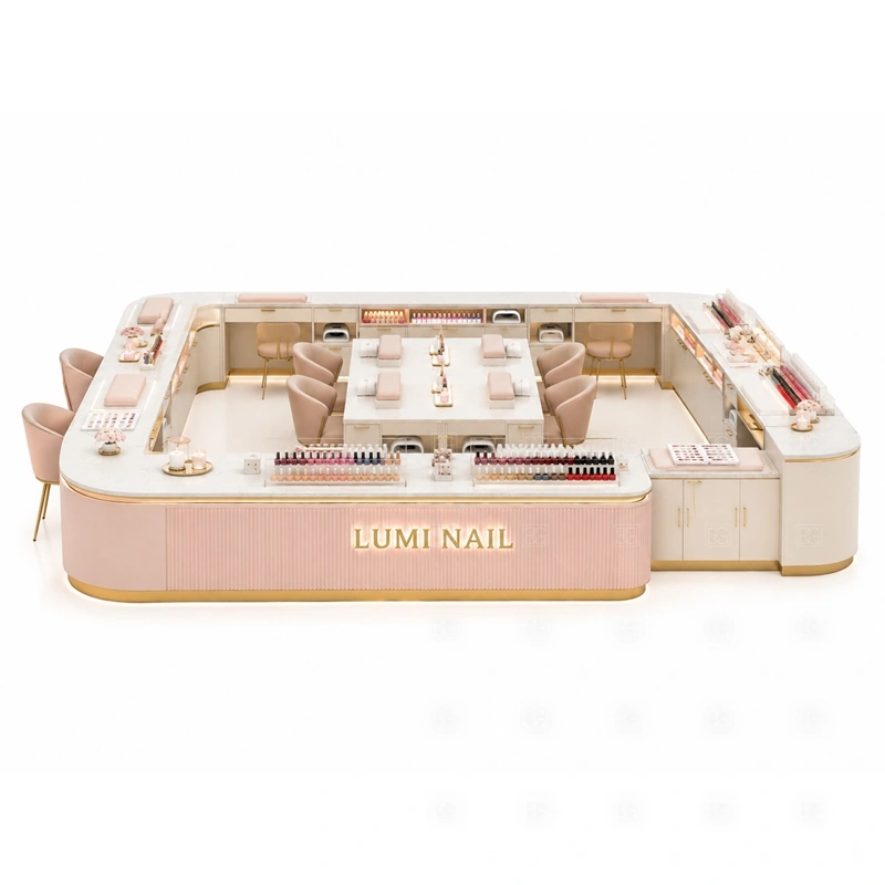 Shopping Mall Manicure Kiosk Design storage detail for tool drawers, towel storage, polish stock, service supply cabinets, cable access, and cleaning space planned for shopping mall manicure kiosk design
