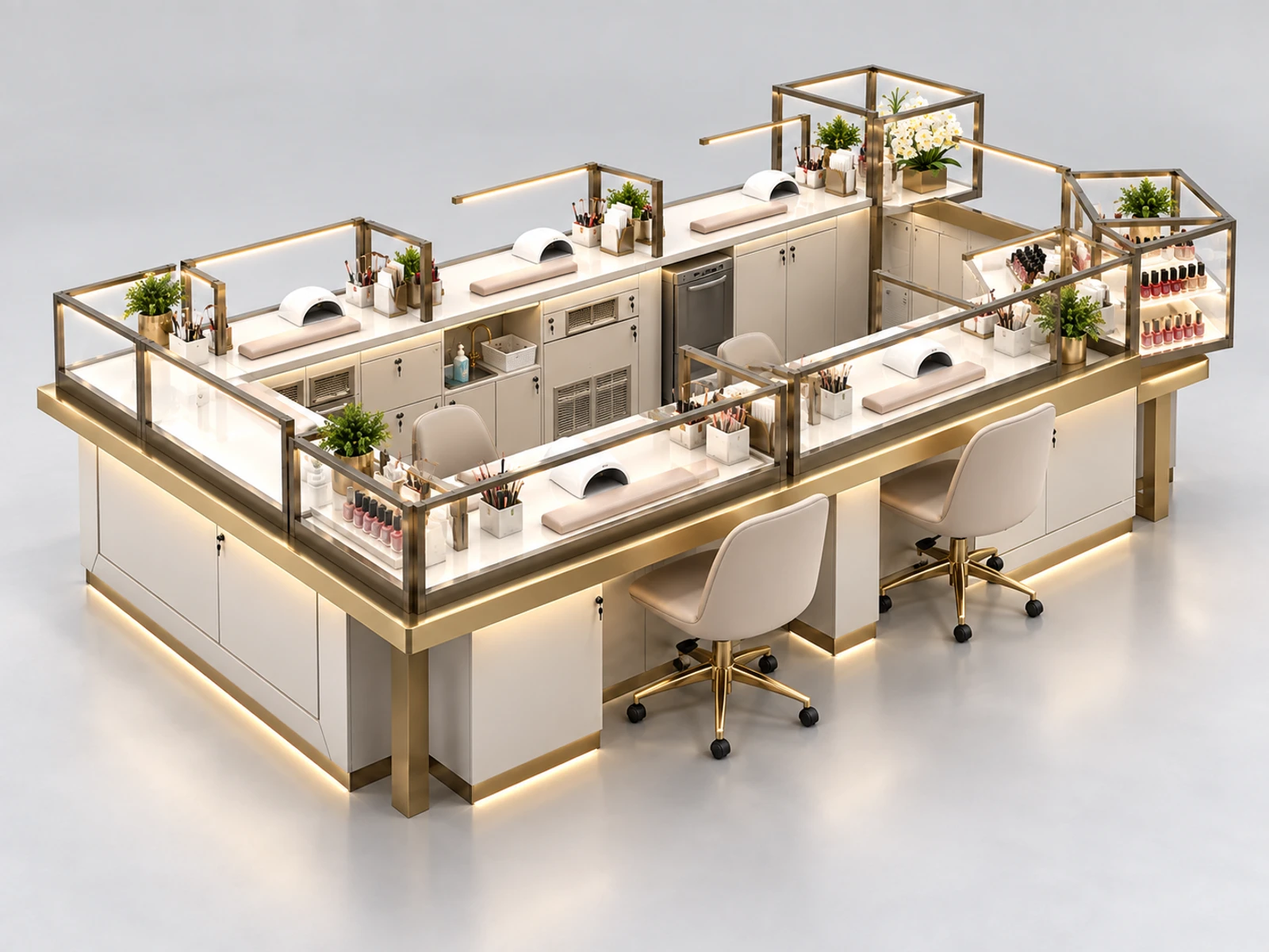Turnkey Mall Nail Kiosk with Utilities and Ventilation Planning staff-side equipment, utilities, and storage view