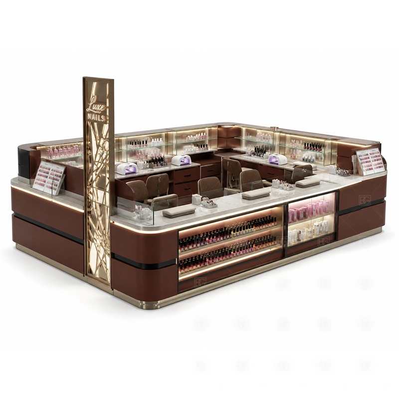 Wood Grain Nail Bar Kiosk Supplier with a warm wood-style finish with premium retail display counters shown in the wood grain nail bar kiosk supplier product photos for mall nail salon service
