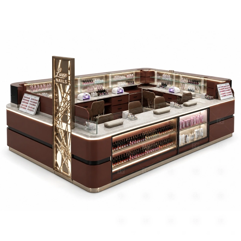 Wood Grain Nail Bar Kiosk Supplier layout showing wood grain nail bar kiosk layout with surrounding counters and service seating shown in the wood grain nail bar kiosk supplier product photos, with brand-led retail locations where signage and product visibility need to work together