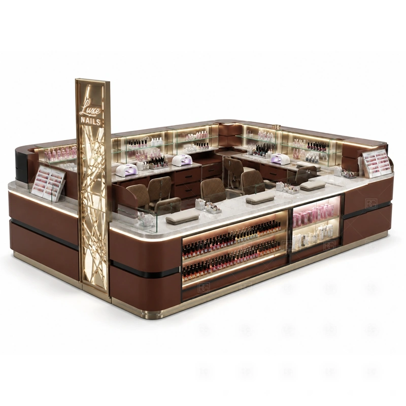 Wood Grain Nail Bar Kiosk Supplier display detail for wood-look counters, polish display shelves, and glass retail areas planned for nail polish, retail beauty products, manicure tools, and customer-facing display